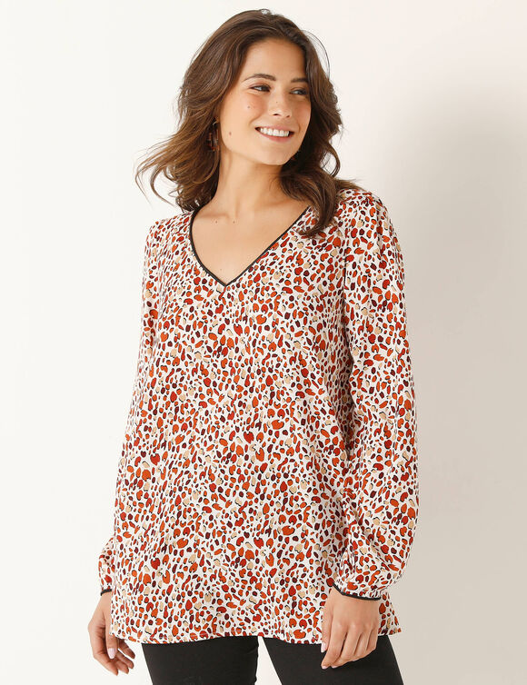 Tunique imprimé minimaliste, crêpe (écru / brique) Tunique imprimé minimaliste, crêpe (écru / brique)